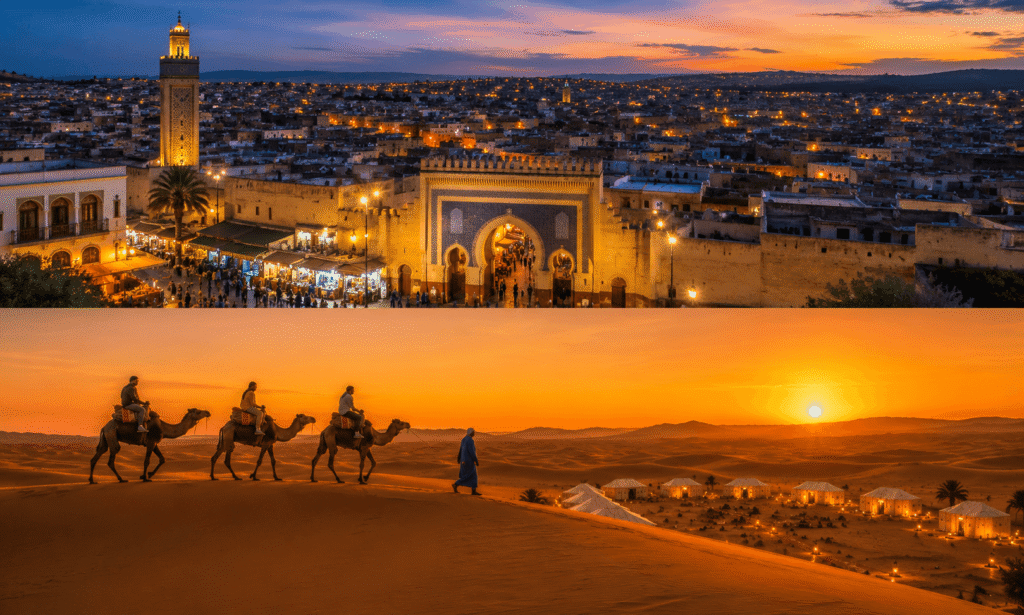 Marrakech medina at dusk above a Saharan camel caravan and camp at sunset