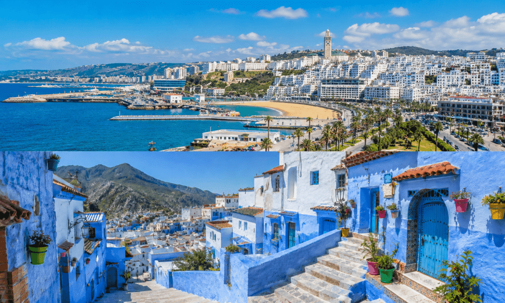 Chefchaouen day trip from Tangier: Mediterranean coastline and blue medina collage