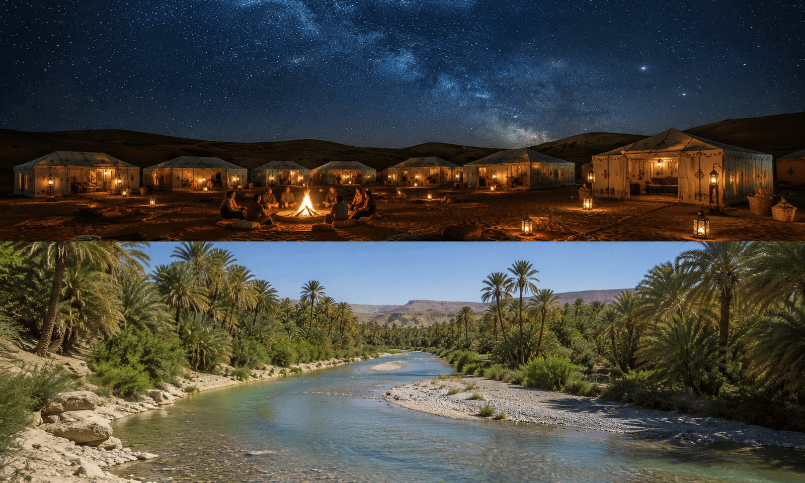 Desert camp beneath a starry sky and a palm oasis landscape in the Draa Valley region