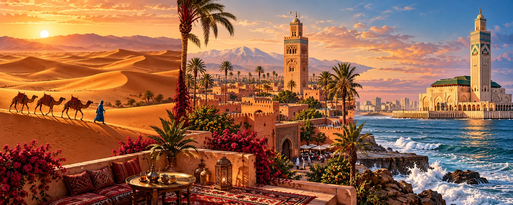 Morocco tours illustration with Sahara dunes, Marrakech and Casablanca